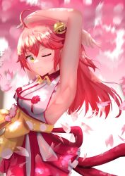 Rule 34 | 1girl, absurdres, armpit focus, armpits, bell, breasts, cherry blossoms, closed mouth, dress, green eyes, hair ornament, highres, hololive, long hair, one eye closed, red hair, ryoya, sakura miko, sakura miko (1st costume), sleeveless, solo, virtual youtuber