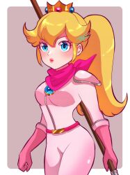 Rule 34 | 1girl, armor, artist name, axe, belt, biker peach, blonde hair, blue eyes, blush, bodysuit, crown, gloves, grey background, highres, lips, long hair, long sleeves, looking at another, mario (series), nintendo, nonoworks, pink gloves, pink scarf, ponytail, princess peach, scarf, simple background, solo, the super mario bros. movie, twitter username, weapon, white background