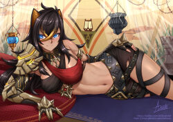 Rule 34 | 1girl, adsouto, black hair, black shorts, blue eyes, breasts, criss-cross halter, dark-skinned female, dark skin, dehya (genshin impact), egyptian clothes, gauntlets, genshin impact, hair between eyes, hair ears, halterneck, hand on own hip, highres, looking at viewer, lying, medium breasts, midriff, navel, on side, shorts, signature, single gauntlet, smile, solo, torn clothes, torn shorts, usekh collar