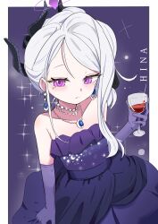 Rule 34 | 1girl, absurdres, bare shoulders, bead necklace, beads, black horns, blue archive, border, character name, closed mouth, cup, dress, drinking glass, earrings, elbow gloves, gloves, grey hair, halo, high (hgih), highres, hina (blue archive), hina (dress) (blue archive), holding, holding cup, horns, jewelry, korean commentary, long hair, multiple horns, necklace, purple background, purple dress, purple eyes, purple gloves, purple halo, solo, strapless, strapless dress, white border