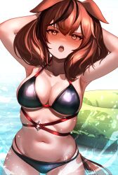 Rule 34 | 1girl, animal ears, arm behind head, bikini, black bikini, blush, breasts, brown eyes, brown hair, cleavage, commentary request, highres, horse ears, horse girl, horse tail, hoshikuzu kizuna (kizuna stardust), innertube, looking at viewer, medium breasts, multicolored hair, navel, nice nature (umamusume), nose blush, solo, streaked hair, swim ring, swimsuit, tail, twintails, umamusume