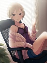 Rule 34 | 10s, 1girl, :3, babydoll, window blinds, blonde hair, blurry, blush, breasts, brown eyes, cardigan, chair, cleavage, closed mouth, collarbone, day, depth of field, frills, hair between eyes, hand up, idolmaster, idolmaster cinderella girls, indoors, legs up, looking at viewer, medium breasts, nokuhashi, office chair, open cardigan, open clothes, plant, shiomi syuko, short hair, short shorts, shorts, sitting, smile, solo, swivel chair