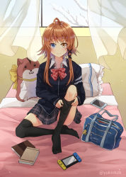 Rule 34 | 1girl, ahoge, androgynous, artist name, bag, bed sheet, black jacket, black skirt, blue eyes, book, bow, brown hair, charm (object), closed mouth, collared shirt, commentary request, curtains, gender request, genderswap, hair ornament, heterochromia, indoors, jacket, charm (object), long hair, long sleeves, nekozuki yuki, nintendo switch, no shoes, open window, original, over-kneehighs, pillow, plaid, plaid bow, plaid neckwear, pleated skirt, red bow, school bag, school uniform, shirt, sitting, skirt, stuffed animal, stuffed toy, thighhighs, twintails, twitter username, white shirt, window, wing collar, x hair ornament, yellow eyes