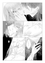 Rule 34 | 1boy, 1girl, absurdres, age difference, bishounen, blush, comic, couple, cup, greyscale, hand on another&#039;s face, hetero, highres, holding, holding cup, kiss, long hair, long sleeves, monochrome, msa (fary white), original, spilling, translation request
