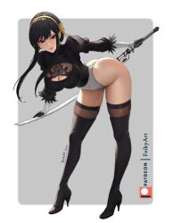 Rule 34 | 1girl, 2023, 2b (nier:automata), 2b (nier:automata) (cosplay), artist name, ass, bent over, black dress, black gloves, black hair, boots, border, breasts, cleavage, cleavage cutout, closed mouth, clothing cutout, cosplay, covered navel, dress, drop earrings, earrings, feather-trimmed sleeves, feikyart, female focus, full body, gloves, grey background, hair bun, high heel boots, high heels, highleg, highleg leotard, highres, holding, holding sword, holding weapon, jewelry, juliet sleeves, katana, large breasts, leotard, long hair, long sleeves, looking at viewer, name connection, no blindfold, outside border, patreon logo, patreon username, puffy sleeves, red eyes, sidelocks, solo, spy x family, standing, sword, thigh boots, thong, thong leotard, watermark, weapon, web address, white border, yor briar