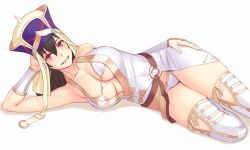 Rule 34 | 1girl, armpits, bare shoulders, bead necklace, beads, bikini, bikini under clothes, black hair, blush, bracer, breasts, cleavage, collarbone, fate/grand order, fate (series), hair between eyes, hat, head rest, jewelry, large breasts, long hair, looking at viewer, lying, midriff peek, necklace, on side, prayer beads, purple eyes, smile, solo, swimsuit, thighhighs, white bikini, white thighhighs, xuangzang sanzang (fate), yuuji (and)