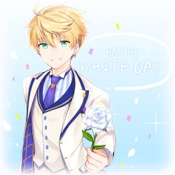 Rule 34 | 1boy, arthur pendragon (fate), arthur pendragon (maerchen maedchen), blonde hair, buttons, confetti, fate/grand order, fate/prototype, fate (series), flower, garcon meteor, green eyes, hair between eyes, jacket, male focus, necktie, open mouth, purple necktie, rose, shirt, short hair, smile, solo, sparkle, striped clothes, striped shirt, suit jacket, teeth, tie clip, upper body, vertical-striped clothes, vertical-striped shirt, white day, white flower, white rose