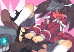 Rule 34 | 10s, 1girl, abyssal ship, blush, brown hair, clenched hands, closed eyes, fang, full-face blush, i-class destroyer, itsumo nokoru, kantai collection, kicking, open mouth, personification, ryuujou (kancolle), skirt grab, socks, spread legs, sweatdrop, twintails, visor cap