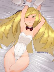 Rule 34 | 1girl, 2021, animal ears, armpits, arms up, bed sheet, blonde hair, blush, bow, bowtie, breasts, choker, cleavage, collar, collarbone, creatures (company), detached collar, fake animal ears, female focus, fingernails, fishnet pantyhose, fishnets, from above, game freak, green eyes, grin, half-closed eyes, highres, kaz an, legs together, leotard, long hair, looking at viewer, lusamine (pokemon), lying, medium breasts, nail polish, nintendo, on back, on bed, pantyhose, playboy bunny, pokemon, pokemon sm, rabbit ears, red bow, ribbon choker, shiny clothes, shiny skin, smile, solo, strapless, strapless leotard, teeth, thigh gap, twitter username, white leotard, white pantyhose, wrist cuffs, yellow nails