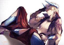 Rule 34 | 1boy, abs, barefoot, blonde hair, closed mouth, commentary request, dutch angle, earrings, fate/grand order, fate (series), gauntlets, genyaky, gilgamesh, gilgamesh (caster) (fate), gilgamesh (fate), gorget, gradient background, grey background, hand on own hip, hand up, horns, jewelry, looking at viewer, male focus, navel, red eyes, single gauntlet, sitting, solo, turban