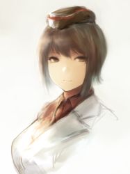 Rule 34 | 10s, 1girl, bad id, bad tumblr id, brown eyes, brown hair, closed mouth, collared shirt, girls und panzer, grey background, hat, highres, hometa, jacket, looking at viewer, nishizumi maho, red shirt, shirt, short hair, sidelocks, simple background, sketch, smile, solo, upper body, wing collar