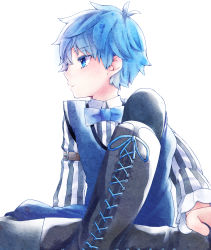 Rule 34 | 1boy, blue eyes, blue hair, boots, bow, bowtie, child, collared shirt, fate/extra, fate/extra ccc, fate (series), frills, hans christian andersen (fate), highres, male focus, matching hair/eyes, pantyhose, profile, shirt, shorts, simple background, solo, striped clothes, striped shirt, white background, yozakura (artist)