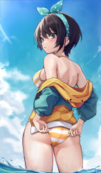 Rule 34 | 1girl, absurdres, aqua eyes, ass, back, bare shoulders, bikini, bird, black hair, blue sky, blush, bow, breasts, cloud, day, from behind, hairband, highres, hololive, hood, hooded jacket, jacket, large breasts, looking at viewer, looking back, multicolored clothes, multicolored jacket, off shoulder, oozora subaru, oozora subaru (hololive summer 2019), outdoors, parted lips, polka dot, polka dot bow, short hair, sky, solo, striped bikini, striped clothes, swimsuit, virtual youtuber, wading, water, wszkii, yellow bikini