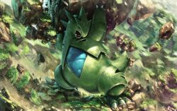 Rule 34 | arms up, boulder, carrying overhead, claws, creatures (company), fangs, game freak, gen 2 pokemon, grass, green tail, nintendo, no humans, open mouth, pokemon, pokemon (creature), solo, spiked tail, spikes, tail, tenshinhannnn, tyranitar