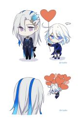 Rule 34 | 1boy, 1girl, absurdres, ahoge, artist name, ascot, balloon, black gloves, blue ascot, blue eyes, blue hair, blue jacket, chibi, closed mouth, furina (genshin impact), genshin impact, gloves, grey hair, hair between eyes, heart balloon, heterochromia, highres, jacket, light blue hair, light blush, long hair, multicolored hair, neuvillette (genshin impact), open mouth, reiu (rriuette), shadow, short hair, sidelocks, simple background, smile, standing, streaked hair, surprised, sweatdrop, too many balloons, two-tone hair, white background
