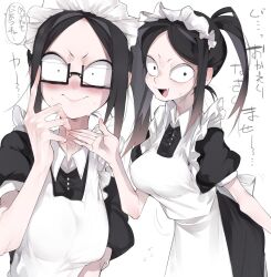 Rule 34 | 1girl, 6666peooo, apron, black hair, blush, breasts, fang, forehead, glasses, highres, large breasts, maid, maid apron, maid headdress, original, parted bangs, ponytail, sanpaku, sidelocks, simple background, white background