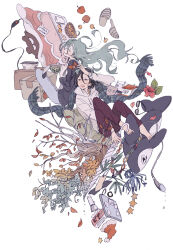 Rule 34 | 2boys, ahoge, arm on own head, autumn leaves, back-to-back, barefoot, basket, black eyes, black hair, blue pants, blue sweater, bow, bowl, box, cable, chopsticks, closed eyes, dolphin, eating, flower, food, fruit, full body, grey hair, h kawa, hair lift, hibiscus, highres, holding, holding bowl, holding chopsticks, holding umbrella, hood, hood down, hoodie, keyring, kotatsu, leaf, leggings, long sleeves, looking at object, makishima yuusuke, male focus, mandarin orange, multiple boys, noodles, open mouth, orange bow, pants, parted lips, petals, pink flower, ramen, reaching, red pants, shoes, sitting, slippers, smile, striped clothes, striped footwear, sweater, table, teeth, toenails, toudou jinpachi, tree, umbrella, unworn shoes, upper teeth only, wavy hair, white background, white footwear, white hoodie, white umbrella, yowamushi pedal
