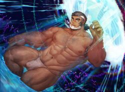 Rule 34 | 1boy, abs, bara, beard, bulge, covered penis, dark-skinned male, dark skin, dutch angle, facial hair, full beard, hairy, highres, indie virtual youtuber, kaito navigator, large pectorals, looking at viewer, male focus, male swimwear, mature male, mowang yu, muscular, muscular male, mustache stubble, navel, navel hair, nipples, parted lips, pectorals, scar, scar on face, scar on nose, see-through, short hair, smile, solo, standing, stomach, strongman waist, stubble, swim briefs, thick arm hair, thick beard, thick eyebrows, thick thighs, thighs, topless male, two-tone beard, virtual youtuber, wading, wet male swimwear, white male swimwear