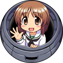 Rule 34 | 10s, 1girl, blush, brown eyes, brown hair, girls und panzer, looking at viewer, military, military vehicle, motor vehicle, nishizumi miho, open mouth, school uniform, simple background, smile, solo, tank, waving, white background
