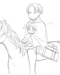 Rule 34 | 2boys, :&gt;, :|, age regression, cape, child, closed mouth, eren yeager, greyscale, horse, jji3g4g04, levi (shingeki no kyojin), lineart, male focus, monochrome, multiple boys, shingeki no kyojin, sparkle, aged down