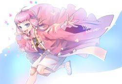 Rule 34 | 1boy, bad id, bad twitter id, bloom, chatan nakiri, dated, japanese clothes, male focus, multicolored background, open mouth, pink hair, purple eyes, sandals, short hair with long locks, shorts, simple background, smile, solo, touken ranbu, trap