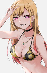 Rule 34 | 1girl, bare shoulders, bikini, black choker, blonde hair, breasts, choker, commentary request, ear piercing, earrings, floral print, grin, hashi, jewelry, kitagawa marin, lace, lace choker, long hair, looking at viewer, multicolored hair, necklace, piercing, red eyes, smile, solo, sono bisque doll wa koi wo suru, swept bangs, swimsuit, v