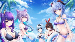 Rule 34 | 5girls, absurdres, adapted costume, ahoge, alternate costume, amber (genshin impact), ball, beachball, bell, bikini, black bikini, black hair, blue bikini, blue hair, blue sky, bow, breasts, cleavage, cloud, coconut tree, cowboy shot, eula (genshin impact), ganyu (genshin impact), genshin impact, gluteal fold, hairband, halterneck, highres, horns, innertube, keqing (genshin impact), large breasts, long hair, looking at viewer, low ponytail, medium breasts, multicolored eyes, multiple girls, navel, neck bell, palm tree, pk trap, purple bikini, purple eyes, purple hair, raiden shogun, red bikini, red bow, sidelocks, sky, smile, standing, swim ring, swimsuit, thighs, tree, yellow eyes