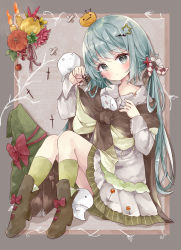 Rule 34 | 1girl, :o, absurdres, bad id, bad pixiv id, blue hair, blush, boots, brown footwear, candle, collared shirt, commentary, cross, fire, ghost, green eyes, green hat, green socks, grey shirt, grey skirt, hair ornament, hands up, hat, head tilt, highres, holding, jack-o&#039;-lantern, key, knees up, latin cross, long hair, long sleeves, low twintails, original, parted lips, pleated skirt, pumpkin, shirt, skirt, sleeves past wrists, socks, solo, star (symbol), star hair ornament, suitcase, symbol-only commentary, tsukiyo (skymint), twintails, unworn hat, unworn headwear, very long hair, witch hat