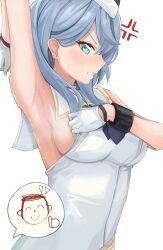 Rule 34 | 1girl, ako (blue archive), angry, armpits, black necktie, blue archive, blue eyes, blue hair, blush, breasts, commentary, doodle sensei (blue archive), dress, eru (aeeu2243), garrison cap, gloves, hat, highres, large breasts, looking at viewer, necktie, official alternate costume, presenting armpit, sensei (blue archive), sideboob, simple background, sleeveless, sleeveless dress, sweat, thumbs up, utnapishtim operator uniform (blue archive), white background, white dress, white gloves
