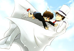 Rule 34 | 2boys, artist request, black hair, blazer, brown hair, cape, child, commentary request, edogawa conan, eyepatch, falling, formal, glasses, gloves, grin, hat, jacket, kaitou kid, kneehighs, kuroba kaito, looking at viewer, magic kaito, male focus, meitantei conan, multiple boys, necktie, parted lips, red necktie, shoes, shorts, sky, smile, socks, suit, teeth, top hat, white legwear, white suit