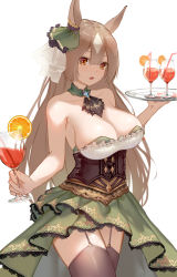 Rule 34 | 1girl, :o, absurdres, animal ears, black garter straps, black thighhighs, bow, breasts, brown corset, brown eyes, brown hair, cleavage, commentary request, corset, cup, detached collar, dress, ear ribbon, garter straps, green dress, green ribbon, highres, holding, holding cup, holding plate, horse ears, horse girl, huijin zhi ling, long hair, looking at viewer, plate, ribbon, satono diamond (umamusume), solo, strapless, strapless dress, thighhighs, umamusume
