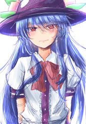 Rule 34 | 1girl, black headwear, blue hair, bow, bowtie, center frills, commentary request, food, frills, fruit, hair between eyes, highres, hinanawi tenshi, leaf, long hair, looking at viewer, oshiaki, peach, puffy short sleeves, puffy sleeves, red bow, red bowtie, red eyes, shirt, short sleeves, sidelocks, simple background, sketch, solo, touhou, upper body, v-shaped eyebrows, very long hair, white background, white shirt