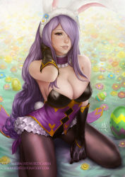 Rule 34 | 1girl, adjusting hair, alternate costume, animal ears, black gloves, breasts, camilla (fire emblem), camilla (spring) (fire emblem), choker, cleavage, easter, easter egg, egg, fake animal ears, fire emblem, fire emblem fates, fire emblem heroes, flower, frilled choker, frills, gloves, hair over one eye, highres, large breasts, leotard, lips, long hair, looking at viewer, nintendo, pantyhose, parted lips, playboy bunny, purple eyes, purple hair, rabbit ears, rabbit tail, realistic, sciamano240, seiza, sitting, smile, solo, tail