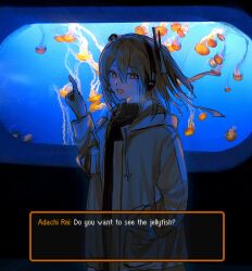 1girl a.i._voice adachi_rei aquarium hair_ribbon headlamp headset highres hood hood_down hooded_jacket index_finger_raised jacket jellyfish long_sleeves looking_at_viewer one_side_up open_clothes open_jacket open_mouth orange_eyes orange_hair radio_antenna ribbon shirt short_hair smile solo turtleneck turtleneck_shirt white_ribbon xom0meku