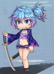Rule 34 | 1boy, androgynous, animated, animated gif, bare legs, bare shoulders, bikini, bikini skirt, blue hair, chibi, full body, holding, holding sword, holding weapon, katana, light blush, lilith-soft, long hair, looking to the side, lowres, multicolored hair, naughty face, navel, nozomi aino, open mouth, shiny skin, side ponytail, skirt, sweat, swimsuit, sword, taimanin (series), taimanin asagi, taimanin rpgx, trap, two-tone hair, very long hair, weapon