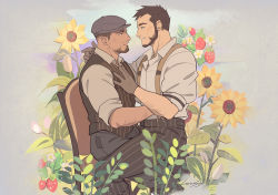 Rule 34 | 2boys, alternate costume, arm hair, bara, beard, black pants, blush, couple, eye contact, facial hair, flower, food, fruit, glaz (rainbow six siege), goatee, grabbing, highres, kapkan (rainbow six siege), leg between thighs, levasoj, looking at another, male focus, mature male, multiple boys, pants, pectoral grab, pectorals, rainbow six siege, short hair, sideburns, sleeves rolled up, smile, strawberry, striped clothes, striped pants, sunflower, suspenders, yaoi