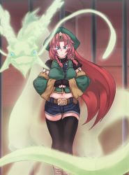 Rule 34 | 1girl, absurdres, alternate costume, aura, belt, belt buckle, beret, black gloves, black thighhighs, blue eyes, blurry, boots, braid, breasts, buckle, clenched hands, denim, denim shorts, depth of field, dragon, fingerless gloves, gate, gloves, hat, highres, hong meiling, iron bars, light trail, long hair, looking at viewer, navel, own hands together, red hair, ryuuno stadtfeld, scarlet devil mansion, serious, shorts, solo, star (symbol), stomach, thighhighs, thighs, touhou, twin braids, very long hair, wide sleeves, wind