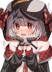 Rule 34 | 1girl, animal hood, bare shoulders, black gloves, black hair, black jacket, blunt bangs, blush, braid, braided bangs, camisole, fang, fingerless gloves, gloves, hair ornament, highres, hololive, hood, jacket, looking at viewer, multicolored hair, omaru (0marufestival), open mouth, orca hood, red eyes, sakamata chloe, silver hair, skin fang, solo, spaghetti strap, streaked hair, translation request, twitter username, virtual youtuber, white camisole, x hair ornament