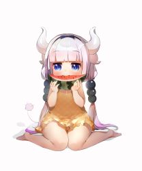Rule 34 | 10s, absurdres, bare legs, bare shoulders, barefoot, beads, black bow, black hairband, blue eyes, blunt bangs, blush, bow, commentary request, dragon girl, dragon horns, dragon tail, dress, eating, expressionless, fang, food, fruit, gradient hair, hair beads, hair ornament, hairband, hands up, highres, holding, holding food, holding fruit, horns, jitome, kanna kamui, kobayashi-san chi no maidragon, light purple hair, long hair, low twintails, multicolored hair, orry, short dress, silver hair, sitting, sleeveless, sleeveless dress, slit pupils, solo, tail, twintails, very long hair, wariza, watermelon, white dress, yellow dress