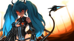 Rule 34 | 10s, 1girl, bad id, bad pixiv id, blue hair, busou shinki, cable, cable tail, doll joints, evil, glowing, glowing eye, grin, joints, mechanical tail, observerz, pointy ears, red eyes, robot, slit pupils, smile, solo, tail, twintails, valona