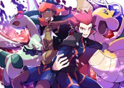 Rule 34 | 2boys, absurdres, black hair, blue eyes, cape, commentary request, creatures (company), dark-skinned male, dark skin, dragon, dragonite, earrings, fingernails, flygon, game freak, gen 1 pokemon, gen 3 pokemon, gloves, gym leader, highres, jacket, jewelry, lance (pokemon), looking at viewer, making-of available, multiple boys, nintendo, open mouth, orange headwear, pokemon, pokemon (creature), pokemon hgss, pokemon swsh, pon yui, print shorts, raihan (pokemon), red hair, shorts, smile, spiked hair, teeth, tongue