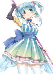 Rule 34 | 1girl, arm up, bare shoulders, blue bow, blue dress, blue eyes, blue hair, bow, breasts, brown sleeves, collarbone, commentary request, detached sleeves, dress, earrings, eighth note, female focus, glint, gradient dress, green dress, hair ornament, hair scrunchie, head tilt, holding, jewelry, long hair, long sleeves, magia record: mahou shoujo madoka magica gaiden, mahou shoujo madoka magica, minami rena, miri (ago550421), musical note, off-shoulder dress, off shoulder, pink scrunchie, pleated dress, sash, scrunchie, signature, simple background, sleeves past wrists, small breasts, solo, striped clothes, striped dress, thighhighs, twintails, v-shaped eyebrows, vertical-striped clothes, vertical-striped dress, white background, white thighhighs