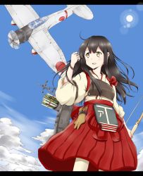 Rule 34 | 10s, 1girl, aichi d3a, aircraft, airplane, akagi (kancolle), any (lucky denver mint), brown eyes, brown hair, cloud, day, highres, japanese clothes, kantai collection, letterboxed, long hair, muneate, personification, pleated skirt, skirt, sky, solo, sun
