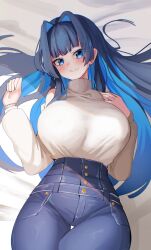 Rule 34 | 1girl, absurdres, blue eyes, blue hair, blue pants, blush, breasts, clothing cutout, colored inner hair, hell.k, high-waist pants, highres, hololive, hololive english, large breasts, long hair, looking at viewer, lying, multicolored hair, official alternate costume, on back, ouro kronii, ouro kronii (casual), pants, shirt, shoulder cutout, smile, solo, virtual youtuber, white shirt