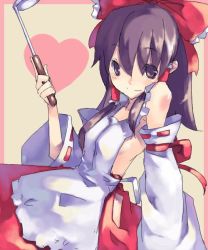 Rule 34 | 1girl, apron, beige background, black hair, blush, bow, breasts, brown eyes, closed mouth, detached sleeves, female focus, hair bow, hakurei reimu, heart, ladle, long sleeves, looking at viewer, red bow, red skirt, ribbon-trimmed sleeves, ribbon trim, sideboob, simple background, skirt, small breasts, smile, solo, touhou