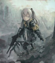 Rule 34 | 1girl, armband, black gloves, black pantyhose, black skirt, building, day, fingerless gloves, girls&#039; frontline, gloves, grey eyes, grey hair, gun, highres, holding, holding gun, holding weapon, hood, hood down, hooded jacket, jacket, knee pads, long hair, long sleeves, looking at viewer, one side up, open clothes, open jacket, outdoors, pantyhose, parted lips, pouch, rubble, scar, scar across eye, scar on face, shirt, skirt, solo, submachine gun, ump45 (girls&#039; frontline), weapon, yasushi