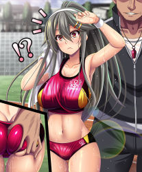 Rule 34 | !?, 1boy, 1girl, ^^^, anchor symbol, ass grab, black hair, black jacket, black pants, blurry, breasts, buruma, coach, collarbone, commentary request, cowboy shot, depth of field, hair ornament, hairclip, haruna (kancolle), highres, inset, jacket, kantai collection, large breasts, lens flare, long hair, looking at viewer, midriff, militia minpei, navel, pants, parted lips, rainbow, running track, sports bikini, standing, sweat, towel, track and field, track jacket, track pants, track suit, white towel, wristband