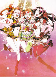 Rule 34 | 3girls, black eyes, black hair, braid, choker, double v, gloves, green eyes, highres, holding hands, long hair, looking at viewer, miwa shirow, multiple girls, navel, neck garter, one eye closed, open mouth, outstretched arms, pleated skirt, red eyes, red gloves, red hair, red legwear, round teeth, samurai (7th dragon), school uniform, serafuku, short shorts, short sleeves, shorts, skirt, suspenders, teeth, thighhighs, v, yellow gloves