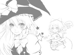 Rule 34 | 2girls, bird, bow, braid, cirno, crossover, disgaea, english text, fairy wings, greyscale, hair bow, hat, kirisame marisa, kudakitsune (kaien kun), long hair, monochrome, multiple girls, penguin, pouch, prinny, short hair, single braid, touhou, wings, witch, witch hat