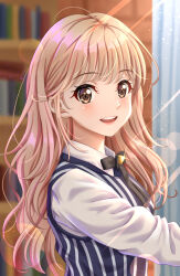 Rule 34 | 1girl, animification, black bow, blush, bow, brown eyes, brown hair, chinese commentary, collared shirt, from side, highres, izone, k-pop, lens flare, long hair, looking at viewer, mixed-language commentary, open mouth, real life, shirt, smile, solo, striped clothes, striped vest, sunlight, vertical stripes, vest, white shirt, yabuki nako, yohane yoshiko